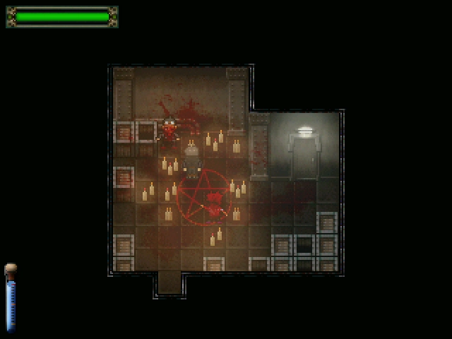 Ein Screenshot von Alone – Eternal Nightmare. Zwei blutüberströme Männer liegen inmitten eines Lagerraums, der mit Kerzem und einem Pentagramm dekoriert ist. Ein Screenshot von Alone – Eternal Nightmare. Zwei blutüberströme Männer liegen inmitten eines Lagerraums, der mit Kerzem und einem Pentagramm dekoriert ist.