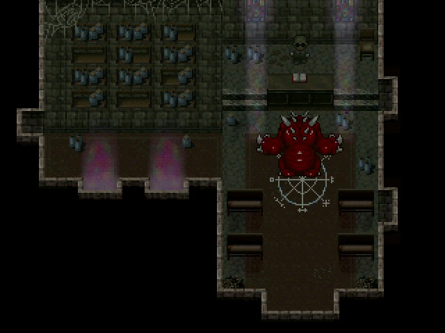Ein Screenshot von Alone – Eternal Nightmare. Ein schwarzer Mann mit Sonnenbrille hat einen rothäutigen Dämon in einer Art Kirche in einem Bannkreis gefangen. Ein Screenshot von Alone – Eternal Nightmare. Ein schwarzer Mann mit Sonnenbrille hat einen rothäutigen Dämon in einer Art Kirche in einem Bannkreis gefangen.