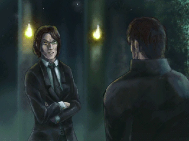 Ein Screenshot einer Sequenz aus Alone – Eternal Nightmare. Zwei Männer sprechen in einem nebligen Schlosseingang miteinander, einer hat Heterochromie, lange braune Haare und einen Anzug an. Ein Screenshot einer Sequenz aus Alone – Eternal Nightmare. Zwei Männer sprechen in einem nebligen Schlosseingang miteinander, einer hat Heterochromie, lange braune Haare und einen Anzug an.