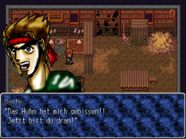 Ein Screenshot von Aurora's Tear, wo die Protagonisten Dante Deloire und Thorn in einem Hühnerstall Unheil stiften.