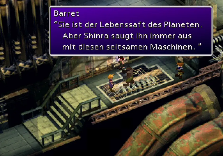 Ein Screenshot von Final Fantasy VII. Der Terroristenführer Barret spricht mit Cloud und sagt: 'Sie ist der Lebenssaft des Planeten. Aber Shinra saugt ihn immer aus mit diesen seltsamen Maschinen.'