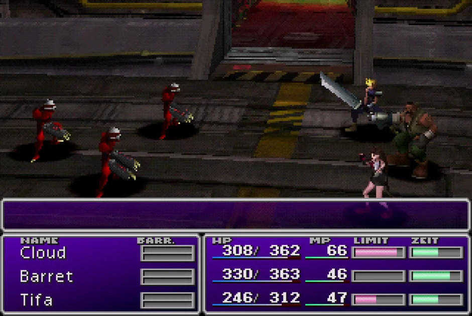 Ein Screenshot eines Kampf in Final Fantasy VII. Dort kämpfen Cloud, Barret und Tifa gegen drei rote Spezialkombattanten.