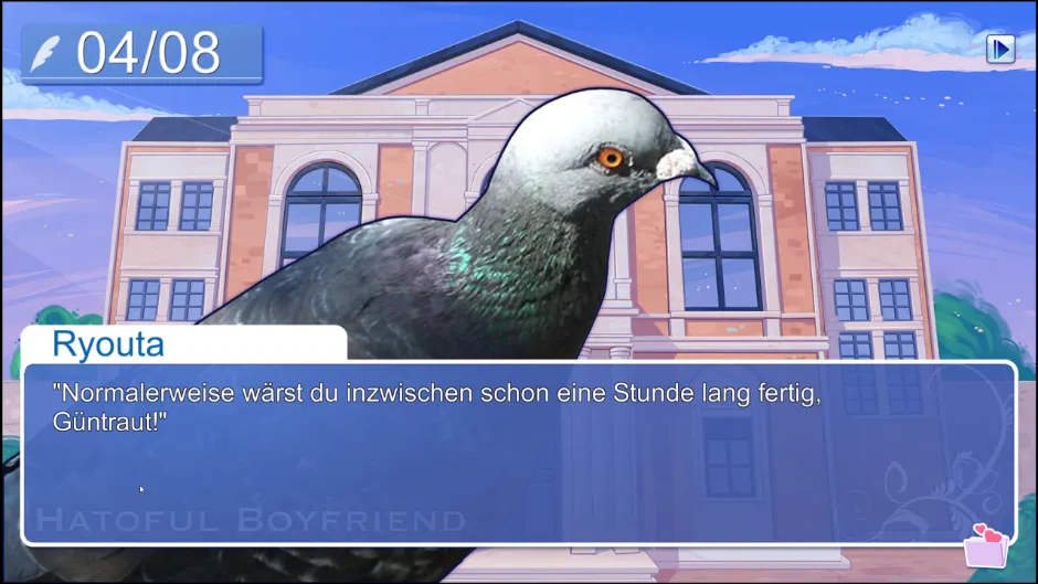 Ein Screenshot von Hatoful Boyfriend, bei denen eine Taube namens Ryouta mit der Protagonistin spricht.