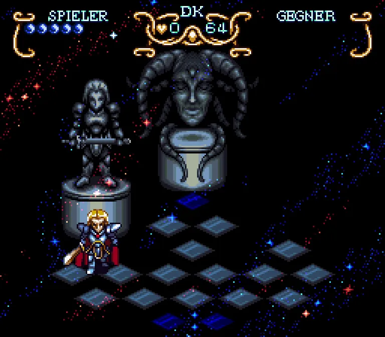 Ein Screenshot von Illusion of Time. Freedan, ein in Rüstung und Umhang gewandeter Ritter steht vor einer Statue von sich selbst. Ebenfalls sieht man eine in Stein gefasste Gaia, eine Göttin mit Hörnern und einem Diamanten auf der Stirn. Sie befinden sich in einer Art paralleler Dimension – im Hintergrund sind farbenfrohe Sterne zu sehen.