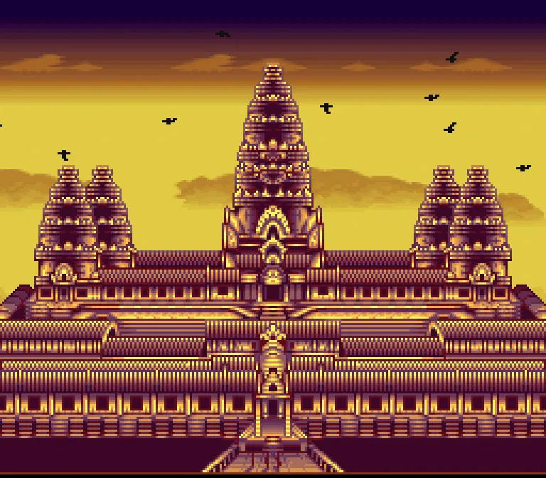 Ein Screenshot von Illusion of Time. Wir sehen eine Version des kambodschanischen Tempels Angkor Wat als Pixel Art während des abendlichen Sonnenuntergangs. Silhouetten von Vögeln sind ebenfalls zu sehen.
