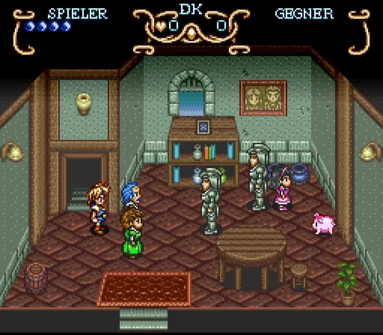 Ein Screenshot von Illusion of Time. Eine Szene in einem Wohnhaus. Will und seine Großeltern beobachten zwei Ritter dabei, wie sie Prinzessin Kara nebst Hausschwein Hamlet abführen.