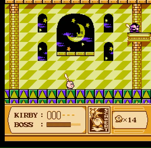 Ein Screenshot von Kirby's Adventure, bei dem Kirby sein Schwert zückt, um in einem Duell gegen Meta Knight zu kämpfen.