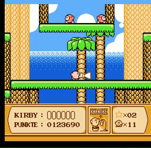 Ein Screenshot von Kirby's Adventure, bei dem Kirby seine Karaoke-Fähigkeit vor einem tropischen Hintergrund einsetzt.