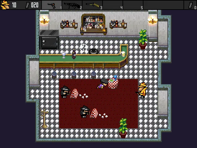 Ein Screenshot des Spiels Moloch City, bei dem der Protagonist Brick Dynamite auf eine Reihe von bewaffneten Ganoven schießt.