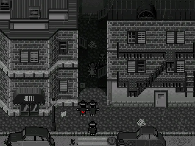 Ein Screenshot des Spiels Moloch City ist ganz in schwarzweiß gehalten, mit einer Ausnahme: Rote Blutspritzer dringen aus einem der Ganoven, der vom Protagonisten, dem Detektiv Brick Dynamite mit einem Maschinengewehr angegriffen wird.