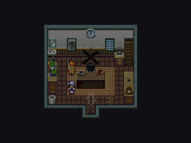 Ein Screenshot des Spiels Moloch City: In einem 50er-Jahre-Büro spricht unser Protagonist Brick Dynamite Zigarre rauchend mit Tessa van Weirdly, einer in weiß gekleideten Dame mit Hut. Das Interieur ist durch Schüsse beschädigt.