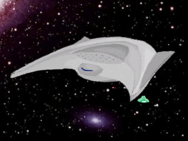 Ein Screenshot des Spiels Mondschein. Feindliche Raumschiffe greifen ein silbernes Forschungsschiff mit Lasern vor einem hell erleuchteten Sternenhimmel an.