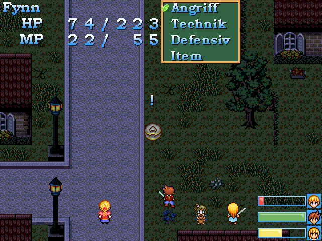 Ein Screenshot des Spiels Mondschein. Ein Mann und zwei Frauen kämpfen des Nachts gegen eine Drohne, während ein kleines Mädchen mit ihrem Teddy spielt.