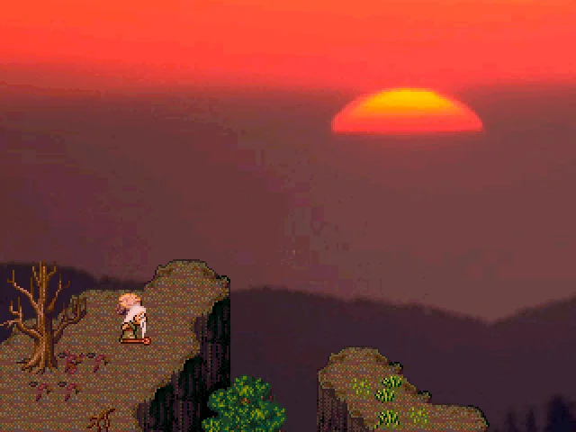 Ein Screenshot des Spiels Mondschein. Ein alter Mann, Fynn, steht an einer Klippe im Abendrot und schaut nachdenklich in die Ferne.