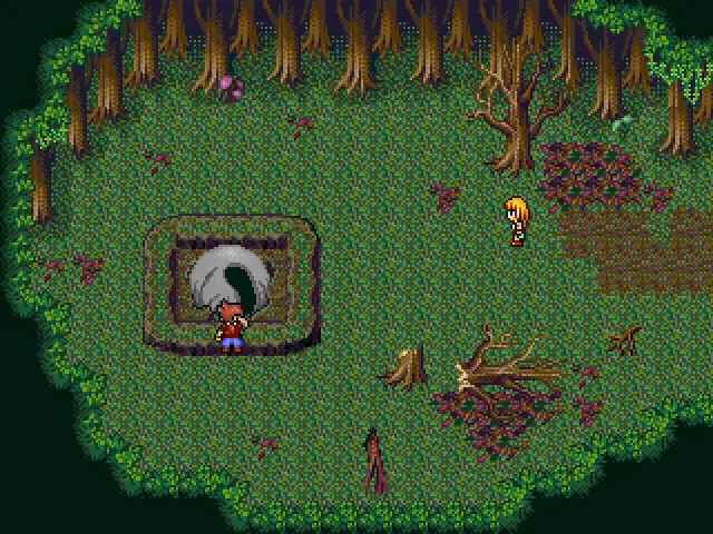 Ein Screenshot des Spiels Mondschein. In einem Wald steht der junge Fynn kopfkratzend vor den Trümmern seiner Raumkapsel während die blonde junge Dame Ki ihn beobachtet.