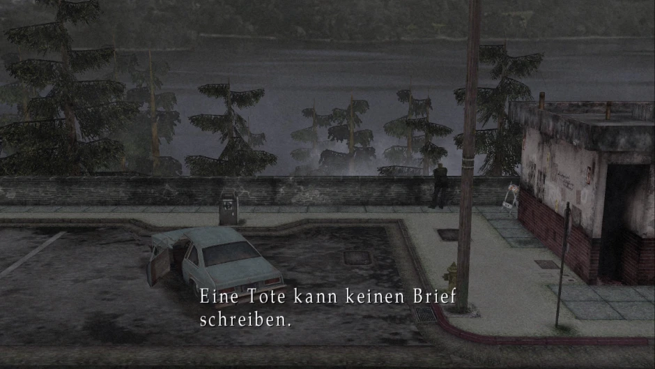 Ein Screenshot von Silent Hill 2, bei der Protagonist James einen Blick auf den Toluca-See wirft, während er einen mysteriösen Brief lamentiert.