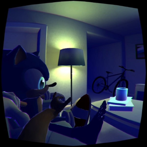 Ein Screenshot von Sonic Dreams Collection, genauer gesagt von My Roommate Sonic, wo man Sonics erschreckend menschliche Füße sieht, während er und der Protagonist auf der Couch sitzen.