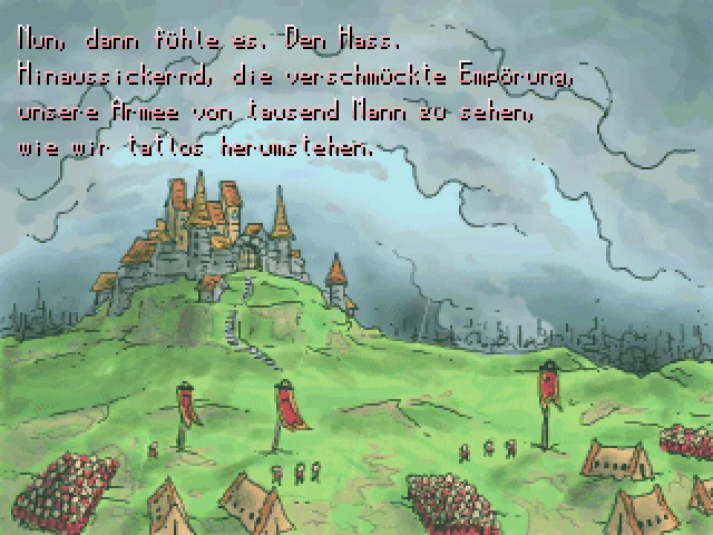 Ein Screenshot von Sunset over Imdahl. Die imperiale Armee belagert die auf einem Hügel gelegene Burgstadt Imdahl unter einem wolkenverhangenen grauen Himmel. Ein Screenshot von Sunset over Imdahl. Die imperiale Armee belagert die auf einem Hügel gelegene Burgstadt Imdahl unter einem wolkenverhangenen grauen Himmel.