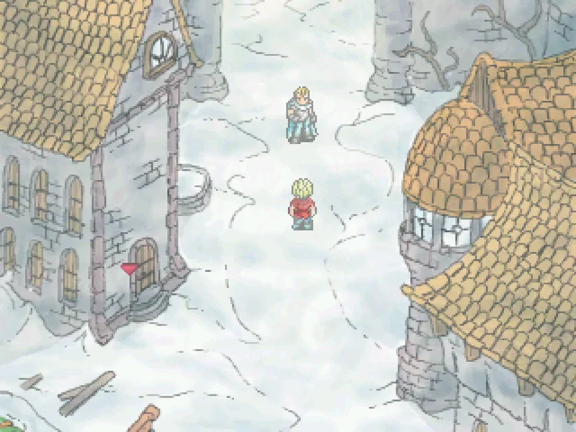 Ein Screenshot von Sunset over Imdahl. Ein Junge steht einem Mann mit Rüstung gegenüber, die mittelalterliche Stadt ist komplett mit Schnee bedeckt. Ein Screenshot von Sunset over Imdahl. Ein Junge steht einem Mann mit Rüstung gegenüber, die mittelalterliche Stadt ist komplett mit Schnee bedeckt.