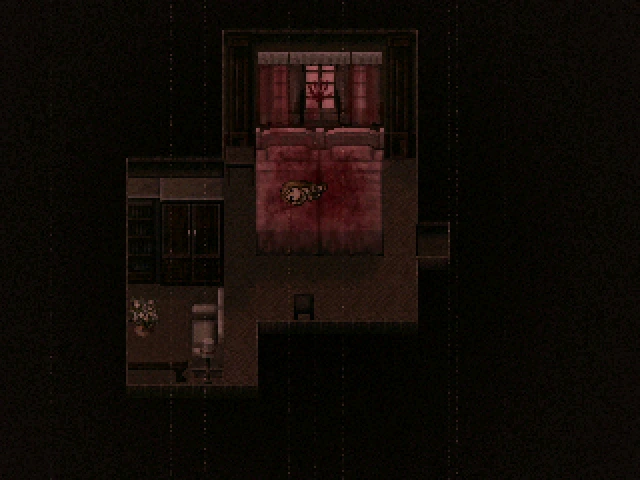 Ein Screenshot von TAUT. Dort liegt die Protagonistin Judith mit halbgeöffneten Augen in einem blutüberströmten Doppelbett in einem rustikalen Haus. Ein blutiger Handabdruck prangt am Fenster.