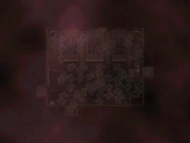 Ein Screenshot von TAUT. Eine Innenaufnahme der Polizeistation, in einen dichten roten Nebel gehüllt. Auf dem Boden liegen überall Dokumente verstreut, etwas tropft von der Decke.