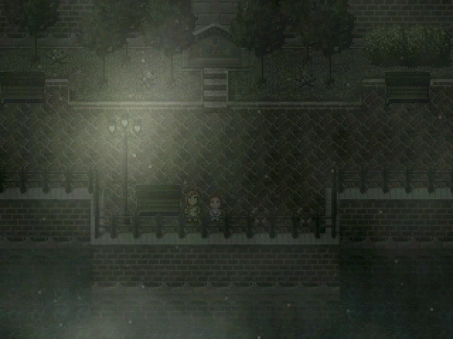 Ein Screenshot von TAUT. Wir sehen eine junge Frau, die Protagonistin Judith, die neben einem rothaarigen Mädchen namens Sophie in einem Park auf das Wasser schaut. Ein dichter Nebel liegt über der Szene.