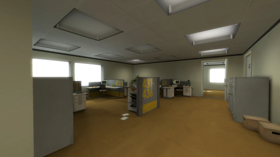 Ein Screenshot von The Stanley Parable, wo man aus der Egoperspektive ein leeres Büro in Retro-Ästhetik sieht.