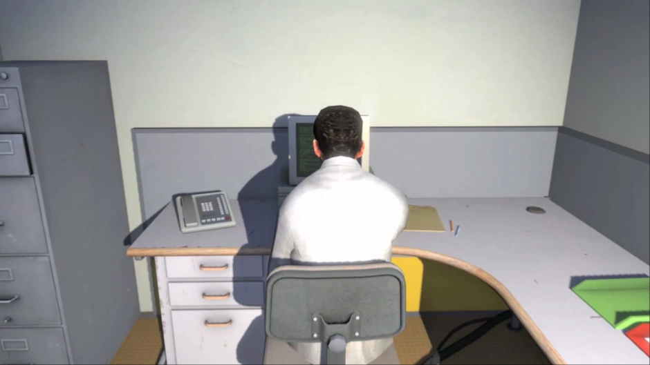 Ein Screenshot von The Stanley Parable, wo der namensgebende Protagonist Stanley auf einen Computer eintippt.