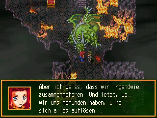 Ein Screenshot von Unterwegs in Düsterburg, wo Libra und Grandy in einer Vulkanhöhle vor einem halbverwesten Drachen stehen.