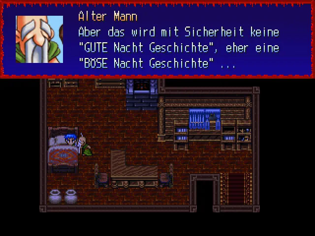 Ein Screenshot von Vampires Dawn: Reign of Blood, in dem ein alter Mann seinem Enkel eine Böse-Nacht-Geschichte erzählt.