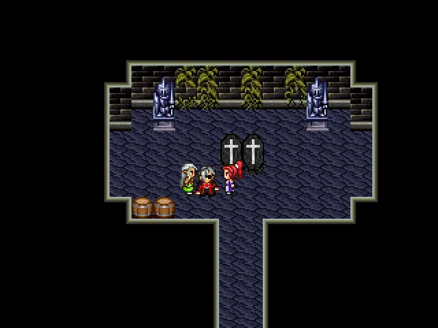 Ein Screenshot von Vampires Dawn: Reign of Blood, in dem Asgar und Alaine in der Gruft neben einem frisch verwandelten Valnar stehen.