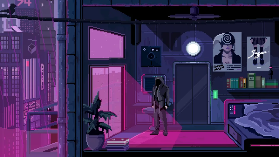 Ein Screenshot von VirtuaVerse, wo man eine neonbeleuchtete Wohnung in einer dunklen Cyberpunk-Ästhetik sieht. Ebenfalls zu sehen ist Nathan, der Protagonist des Spiels.