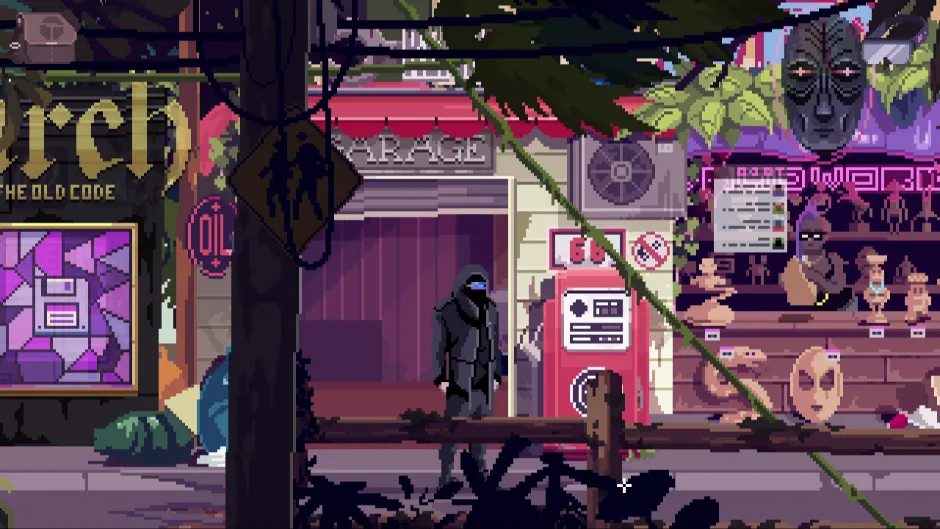 Ein Screenshot von VirtuaVerse, wo der Protagonist Nathan in einem wildbewachsenen Dorf irgendwo im Dschungel steht.